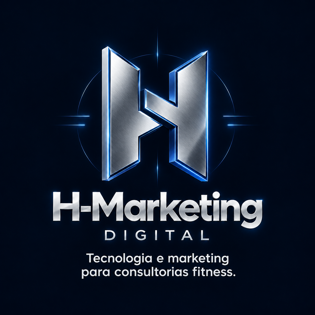Logo H-Marketing Digital em prata sobre fundo azul escuro